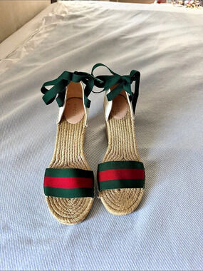 Gucci Canvas Web Ankle Wrap Espadrille Wedge Wedges in Green & Red